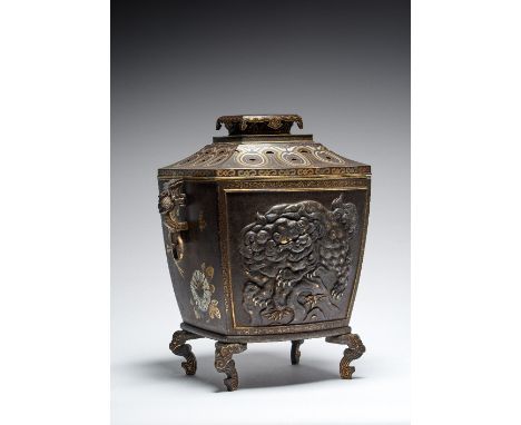 A RARE MYOCHIN INLAID IRON KORO EDO OR MEIJI PERIOD, 19TH CENTURY The incense burner of rectangular form and decorated with F