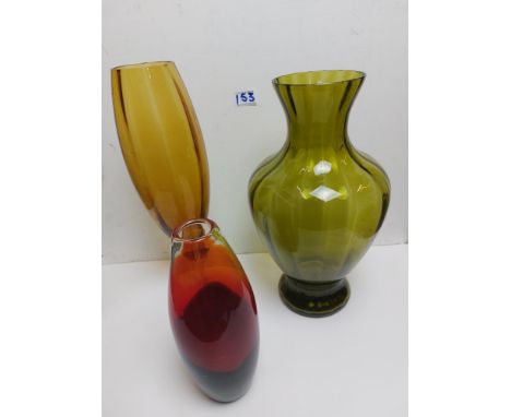 A vintage Empoli amber vase, A possibly Baccarat vase &amp; A 1960s Murano vase