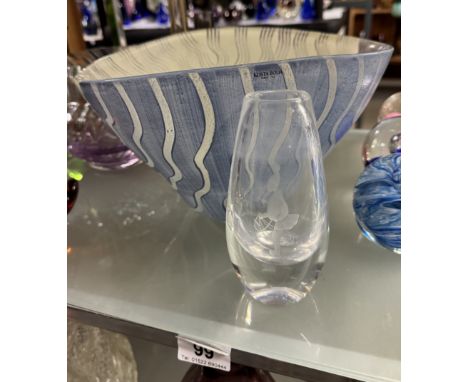 A signed Kosta Boda MBAK bowl & small clear glass vaseHeight 16.5cm, 27 x 22cm. No visible damage.