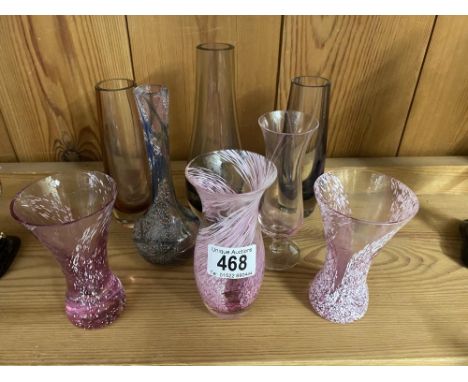 8 glass vases including Caithness style example 
