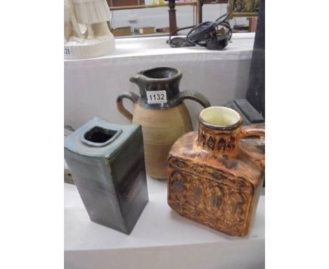 A Studio pottery 2 handled jug, a Price Kensington vase and one other.