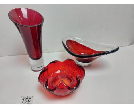A Whitefriars ruby vase, Murano bowl &amp; A Murano ruby red candy dish
