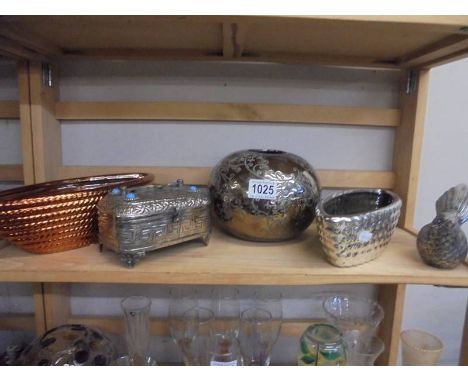 A mixed lot including white metal jewellery box, copper plated ceramic bowls etc.,