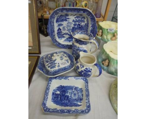 A selection of blue willow ceramics inc. George Jones, Abbey, Shredded Wheat dish a/f etc.