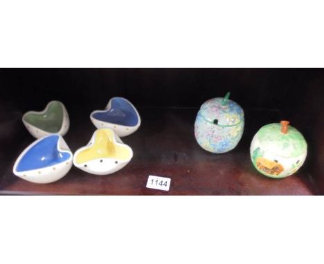 Two preserve pots (Shelley Melody &amp; Shorter) and 4 Hornsea ceramic bowls with polka dot design and pinched rims.
