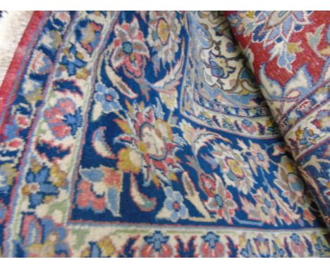 4mtr x 3mtr approx blue pattern handmade carpet with leather sides and fringed ends 