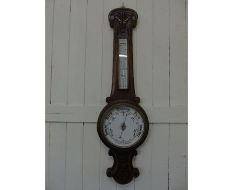 Large antique carved oak barometer