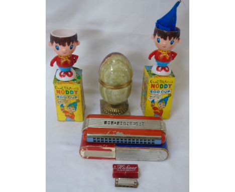Interesting items to include Hohner harmonica, 2 Noddy egg cups etc