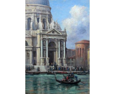 Arthur Trevor Haddon (British, 1864 - 1941) "Santa Maria Salla Slanta - Venice" Oil on Panel. Signed lower left. Old gallery 
