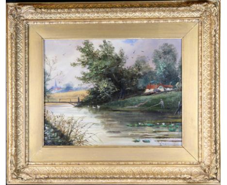 Signed, 19th C. English Painting of Man Fishing Near a cottage on a river. Signed lower right. Gallery Label verso. Oil on Pa