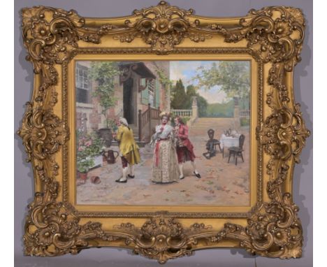 Henri Victor Lesur (France, 1863 - 1900) "Courtship" Oil on Wood Panel. Signed lower left. In gilt ornate frame. Old label ve