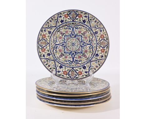 (6) Zsolnay Porcelain Dishes with elaborate hand painted gilt decoration/rich blue flower design. All having mark on base. Di