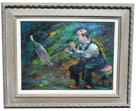 Iver Rose (American, 1899 - 1972) Gentleman playing the clarinet. Oil on Board. Signed lower right. 1960s gallery label verso