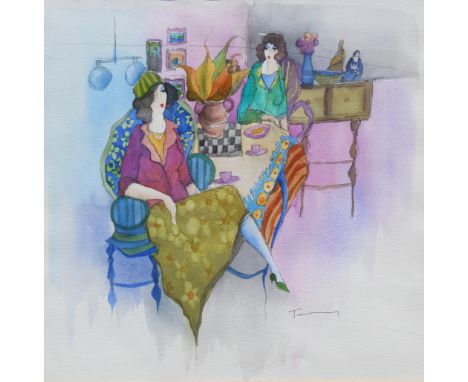 Itzchak (Isaac) Tarkay (1935 - 2012) "Dining Room Discuss" Mixed Media (Watercolor over Serigraph). Purchased from Park West.