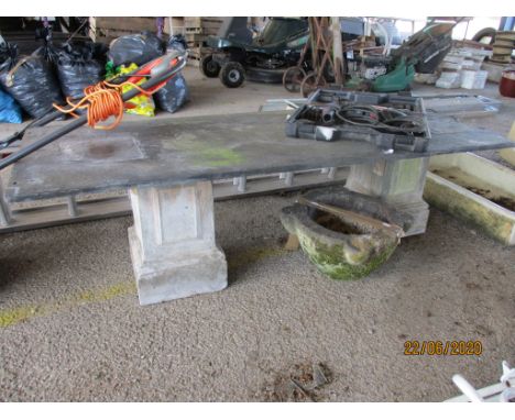 SLATE LOW TABLE OR BENCH WITH RECONSTITUTED STONE SUPPORTS, THE TOP APPROX 127CMSLONG