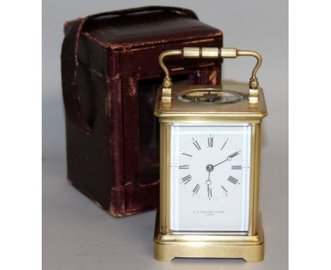 A 19TH CENTURY FRENCH BRASS CARRIAGE CLOCK by R. H. HALFORD & SONS, LONDON. 6ins high, in a leather case.