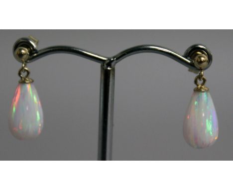 A PAIR OF 9CT GOLD PEAR DROP OPAL EARRINGS.