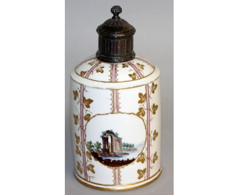 AN 18TH CENTURY HORCH DRUM SHAPED PORCELAIN CADDY painted with reverse landscape ovals, and gilt vine decoration with a silve