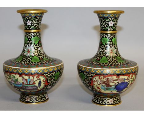 A PAIR OF JAPANESE CLOISONNE ENAMEL VASES with allover pattern and vignettes of vases etc. 7.5ins high.