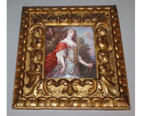 A SUPERB 18TH CENTURY FRENCH ENAMEL THREE QUARTER LENGTH PORTRAIT OF QUEEN HENRIETTA in a landscape carrying a bowl. 6.5ins x