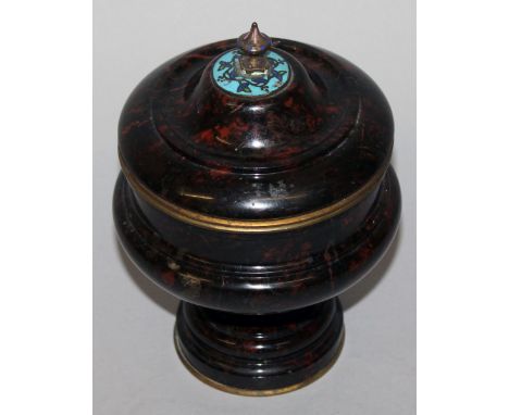 A RARE 19TH CENTURY SWEDISH MARBLE URN AND COVER with red flecks, enamel & brass finial and brass mounts.  6ins high.