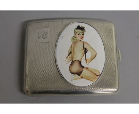 A LARGE ENGINE TURNED CIGARETTE CASE, Birmingham 1954, the front with a semi nude.