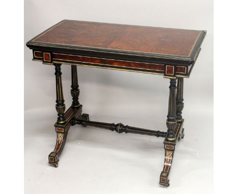 A 19TH CENTURY AMBOYNA AND EBONISED CARD TABLE, with folding rectangular top, baize lined interior on four turned and fluted 