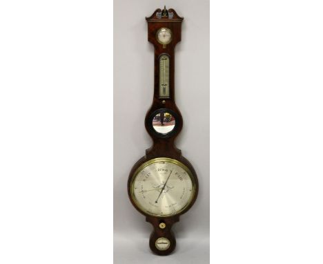 A GOOD GEORGE III MAHOGANY WHEEL BAROMETER by L, Pedrone, Carlisle. 3ft 7ins high.