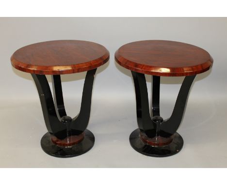 A PAIR OF ART DECO DESIGN ROSEWOOD AND EBONISED LAMP TABLES. 1ft 10ins diameter x 2ft 0ins high.