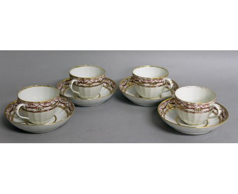 FOUR PINXTON STYLE TEACUPS AND SAUCERS.