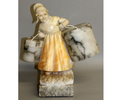 A GOOD 1920'S ALABASTER LAMP formed as a Dutch girl carrying two large  baskets, supported on a square base. 15ins high.