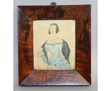 A VICTORIAN NAIVE WATERCOLOUR PORTRAIT, THREE QUARTER LENGTH OF A WOMAN. 5ins x 4ins, in a rosewood frame.