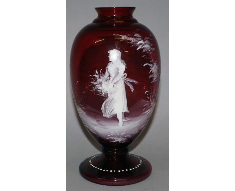 A GOOD MARY GREGORY RUBY VASE enamelled with a young lady in which enamel carrying flowers. 11ins high.