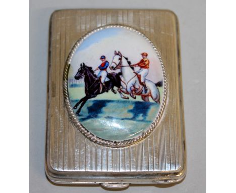 AN ENGINE TURNED MATCH HOLDER, Birmingham 1924, the front with a steeplechase scene.