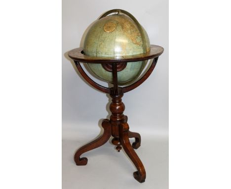 A GOOD 19TH CENTURY 12-INCH GLOBE by W. & A. K. JOHNSTON GEOGRAPHERS, engraved and printed TO THE QUEEN, on a wooden tripod s