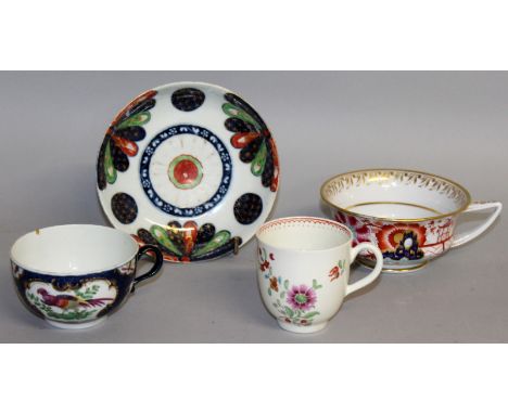 A WORCESTER FAN PATTERN SAUCER, a floral coffee cup, a blue scale bird's teacup and a Flight Barr and Barr imari Etruscan sha