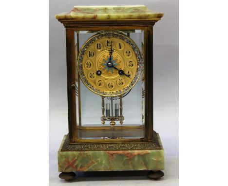A GOOD 19TH CENTURY FRENCH GREEN ONYX AND CHAMPLEVE ENAMEL FOUR GLASS CLOCK, retailed by H. L. BROWN & SON LTD, LONDON and SH