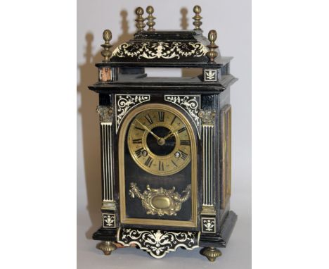 A 19TH CENTURY CONTINENTAL IVORY INLAID BRACKET CLOCK with eight day movement and brass dial, 11ins high. Label inside from L