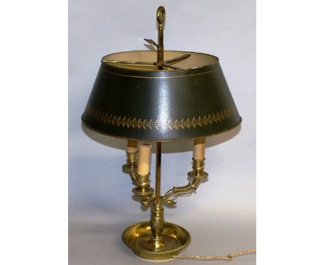 A 19TH CENTURY STUDENTS BRASS AND TOLEWARE LAMP with Toleware shades, three curving lights on a circular base. 22ins high.