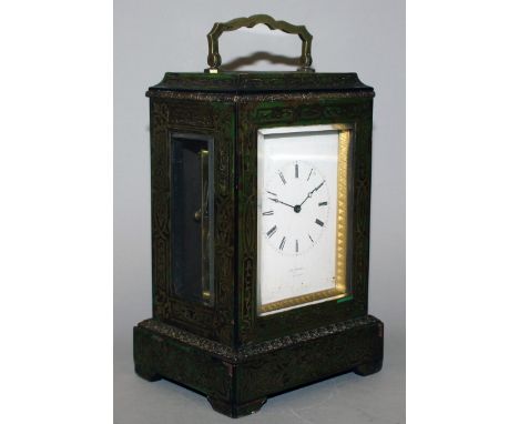 A GOOD 19TH CENTURY FRENCH BOULLE CARRIAGE CLOCK by HY MARC A. PARIS, with white enamel dial and bell strike, No. 456.