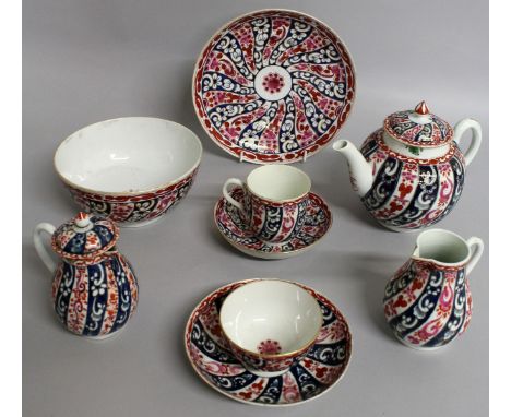 A WORCESTER QUEEN CHARLOTTE PATTERN TEAPOT AND COVER, TWO MILK JUGS, one with lid, circular dish, tea cup, tea bowl and two s