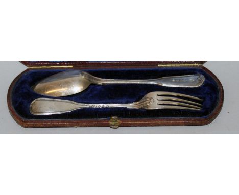 A VICTORIAN CHRISTENING SPOON AND FORK, cased. London 1868.