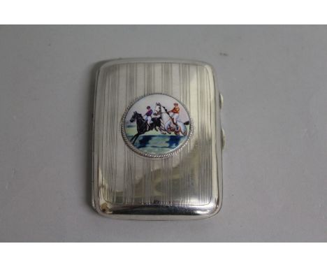 A SMALL ENGINE TURNED CIGARETTE CASE, Birmingham 1945, the front with a steeplechase scene.