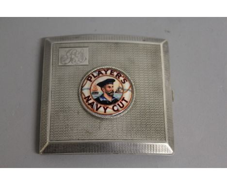 AN ENGINE TURNED CIGARETTE CASE, Birmingham 1923, the front with a circular advertising plaque "PLAYER NAVY CUT".