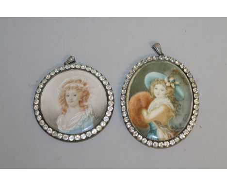 TWO GOOD PORTRAIT MINIATURES OF LADIES, in a circular and oval frame set with brilliants.  Both signed.