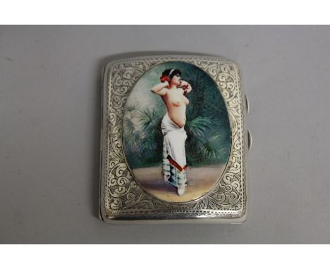 AN ENGRAVED SILVER CIGARETTE CASE, Chester 1902, the front with a large oval nude.