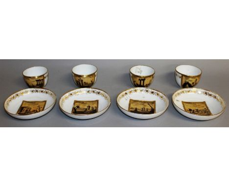 A SET OF FOUR 19TH CENTURY FRENCH CUPS AND SAUCERS with square panels of buildings.