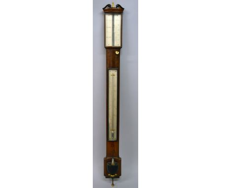 A GOOD 19TH CENTURY MAHOGANY BOWFRONT STICK BAROMETER by W. & S. JONES, LONDON, with silver dials. 3ft long.