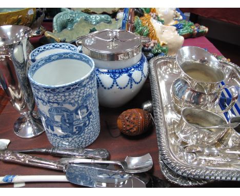 Adams Blue and White Biscuit Barrel, with plated lid and handle, plated condiments, tureen, hallmarked silver jam spoon, pier