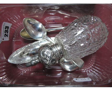 A Hallmarked Silver Mounted Cut Glass Scent Bottle, (incomplete); together with a pair of hallmarked silver fiddle pattern te